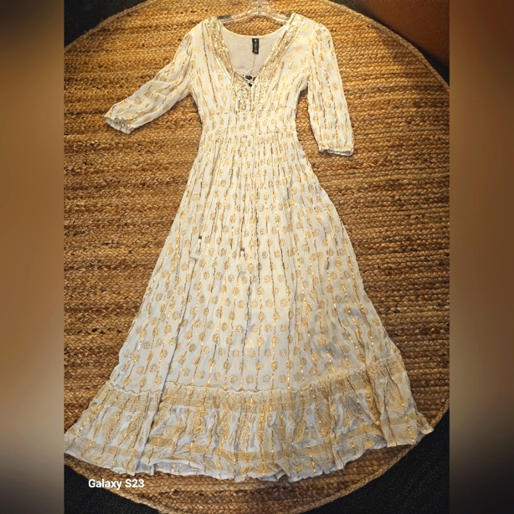 NWT Anthropologie Me 2 Magic Maxi Dress Ivory/ Gold Women's Size Small ✨️